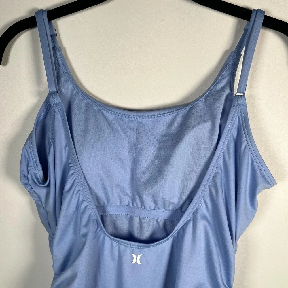 NWT Hurley Light Blue One Piece Swimsuit Front Logo Ruched Sides HURN23017 LARGE